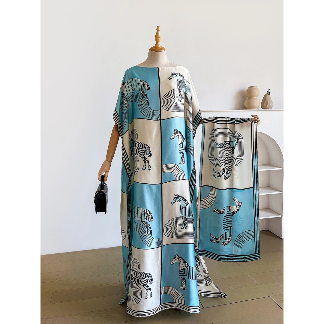 Blue Blancha Kaftan Dress & Scarf Set