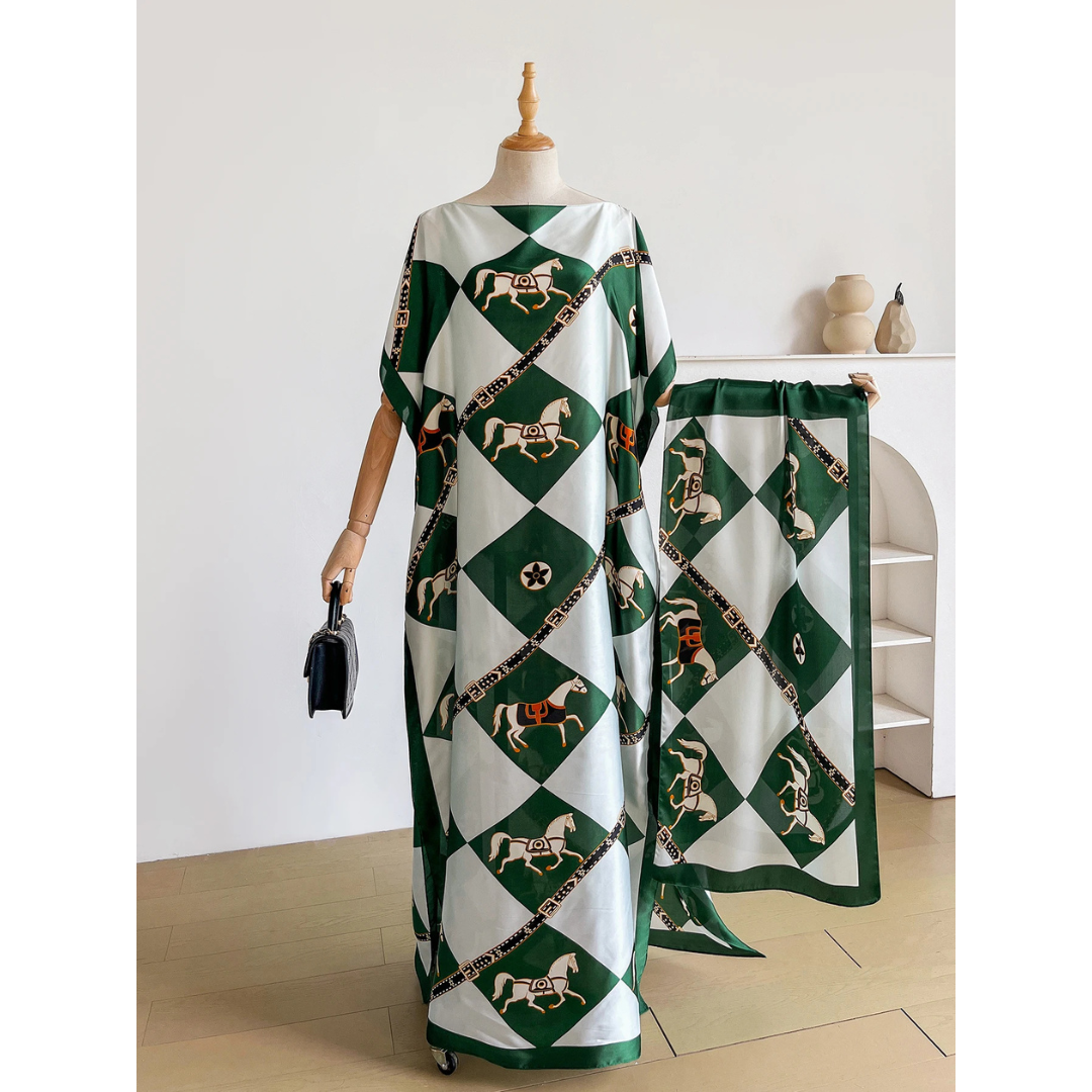 Green Jovanne Kaftan Dress & Scarf Set