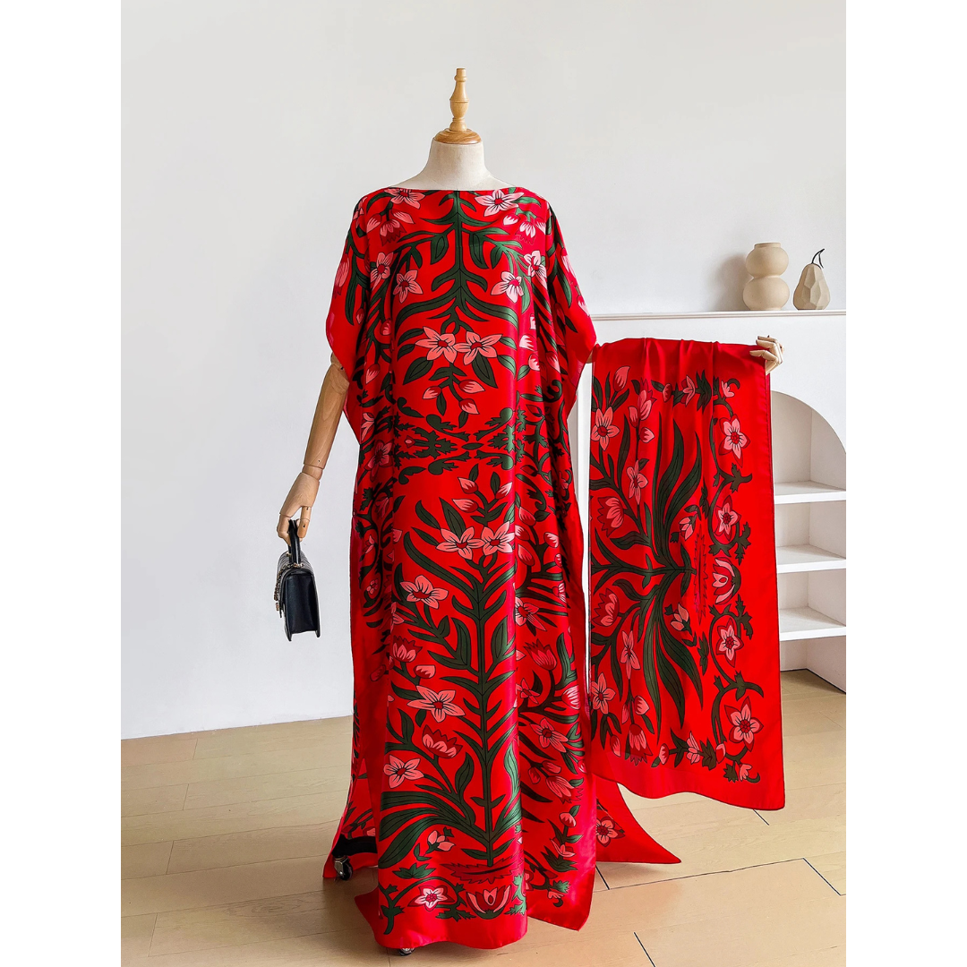 Red Ombretta Kaftan Dress & Scarf Set