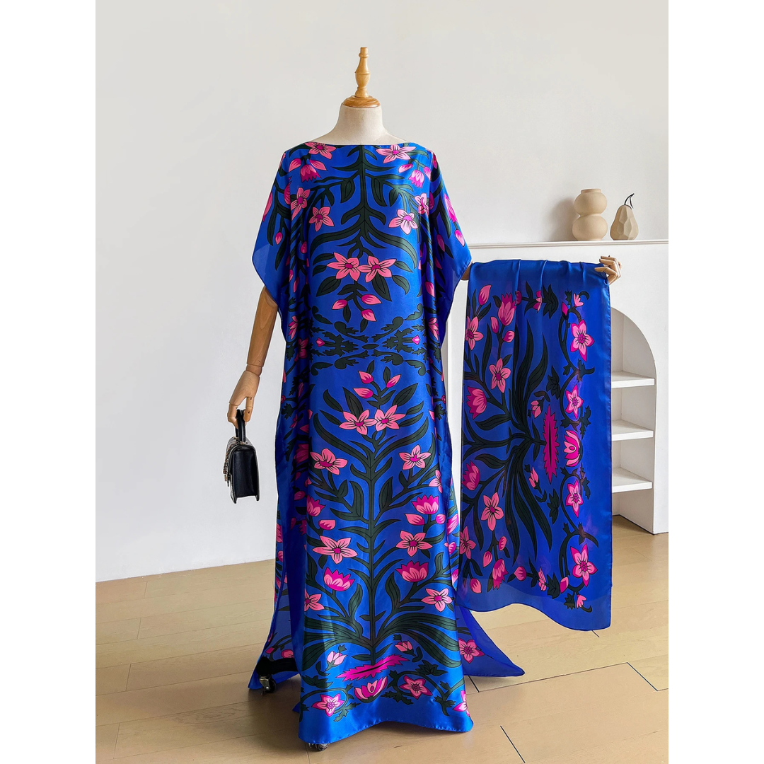 Blue Ombretta Kaftan Dress & Scarf Set