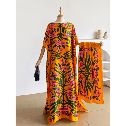 Yellow Ombretta Kaftan Dress & Scarf Set