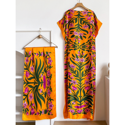 Yellow Ombretta Kaftan Dress & Scarf Set