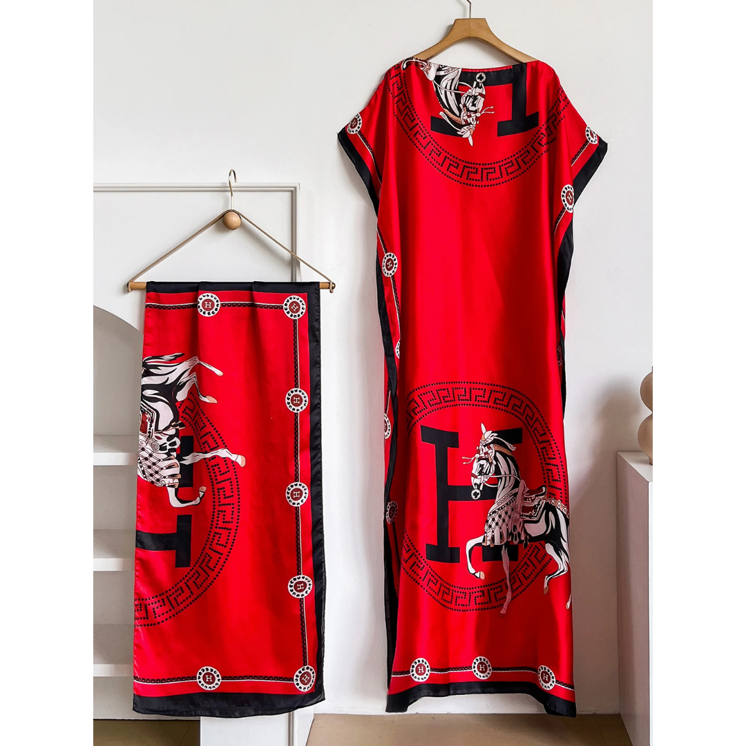 Red Kara Kaftan Dress & Scarf Set