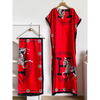 Red Kara Kaftan Dress & Scarf Set