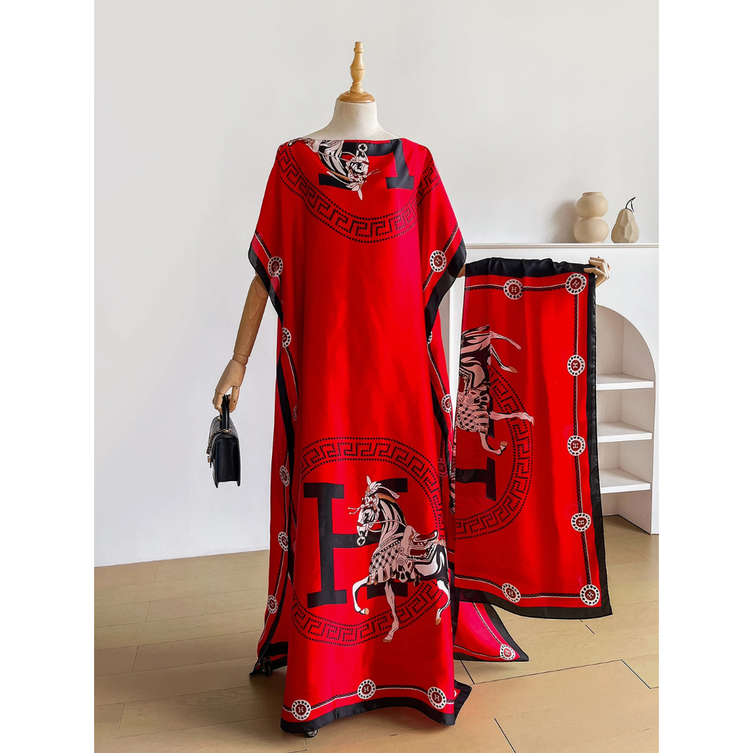 Red Kara Kaftan Dress & Scarf Set