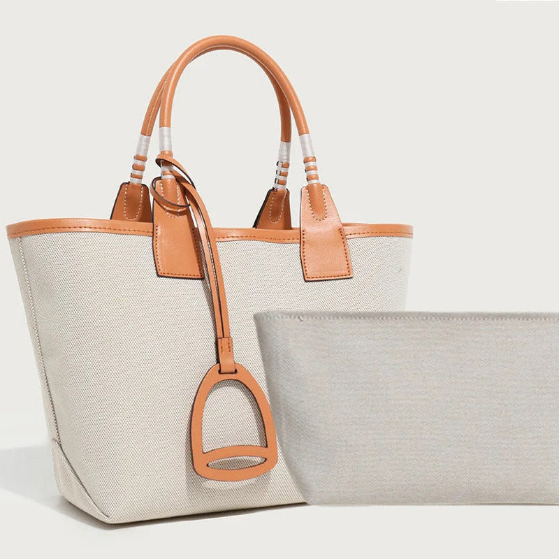 Stella Small Canvas & Leather Tote Bag / Beige