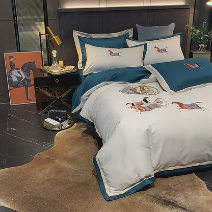 4 or 6 Piece Embroidered Egyptian Cotton Sateen Bedding Set (Bastien Blue)