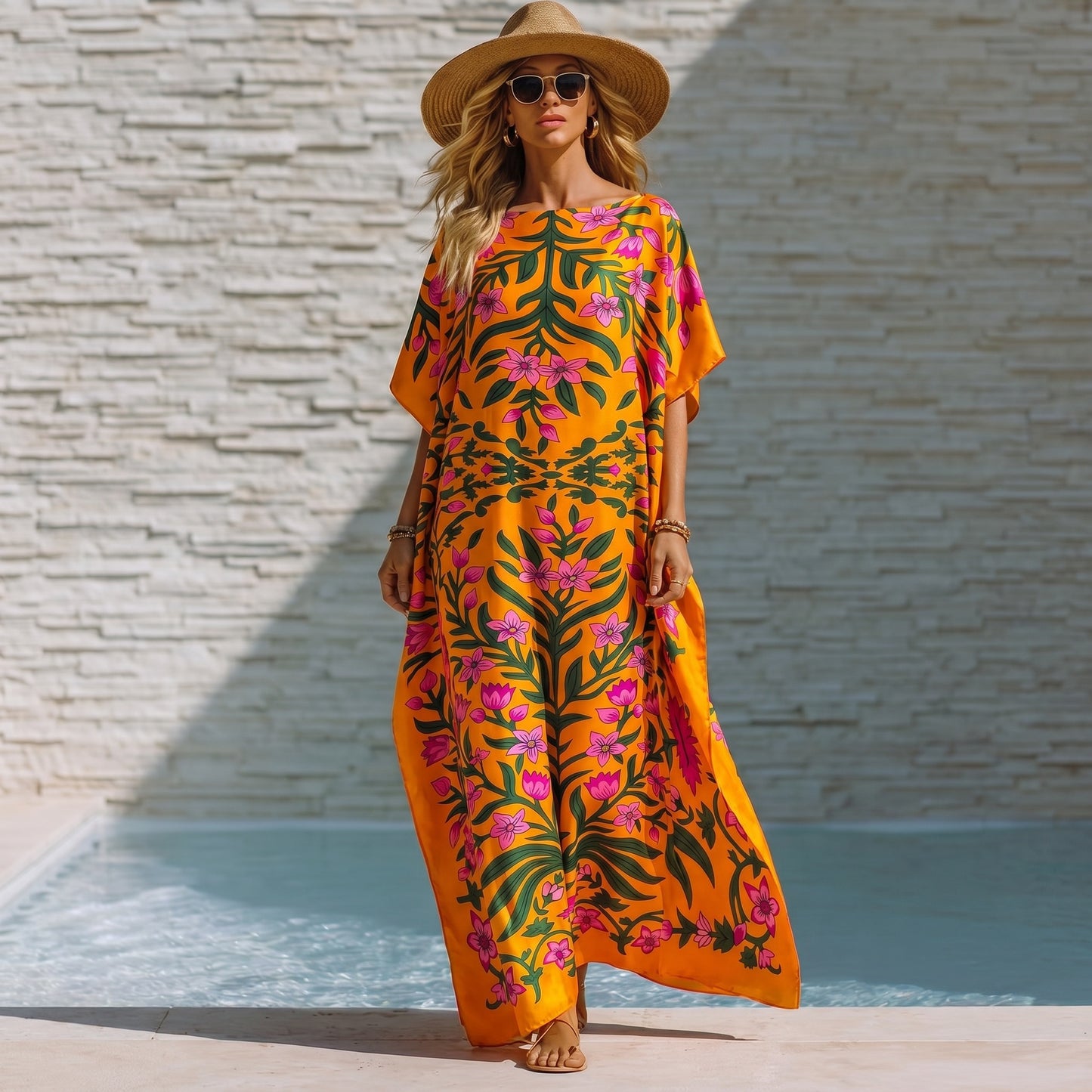 Yellow Ombretta Kaftan Dress & Scarf Set