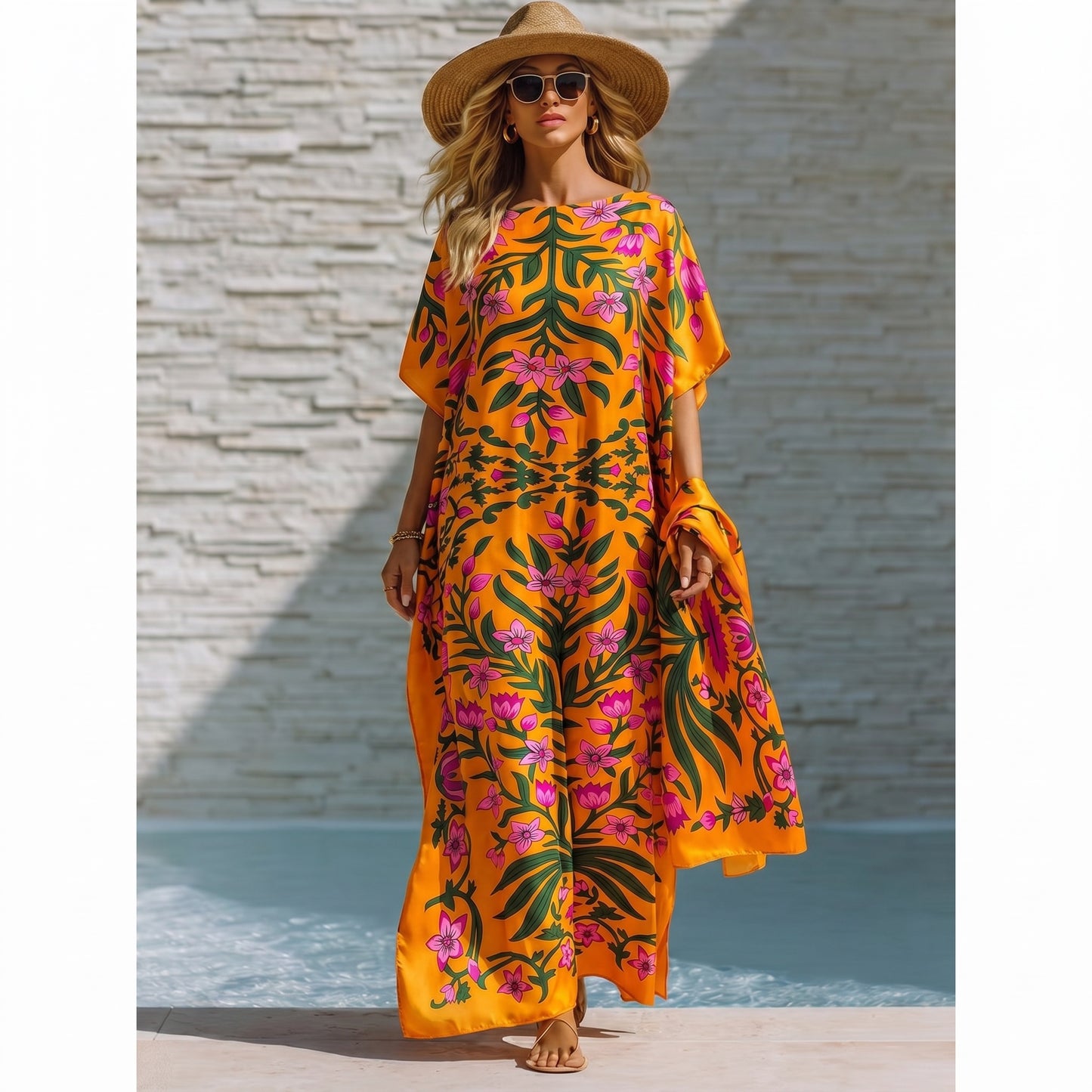 Yellow Ombretta Kaftan Dress & Scarf Set