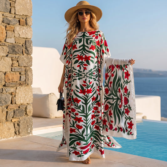 White Ombretta Kaftan Dress & Scarf Set