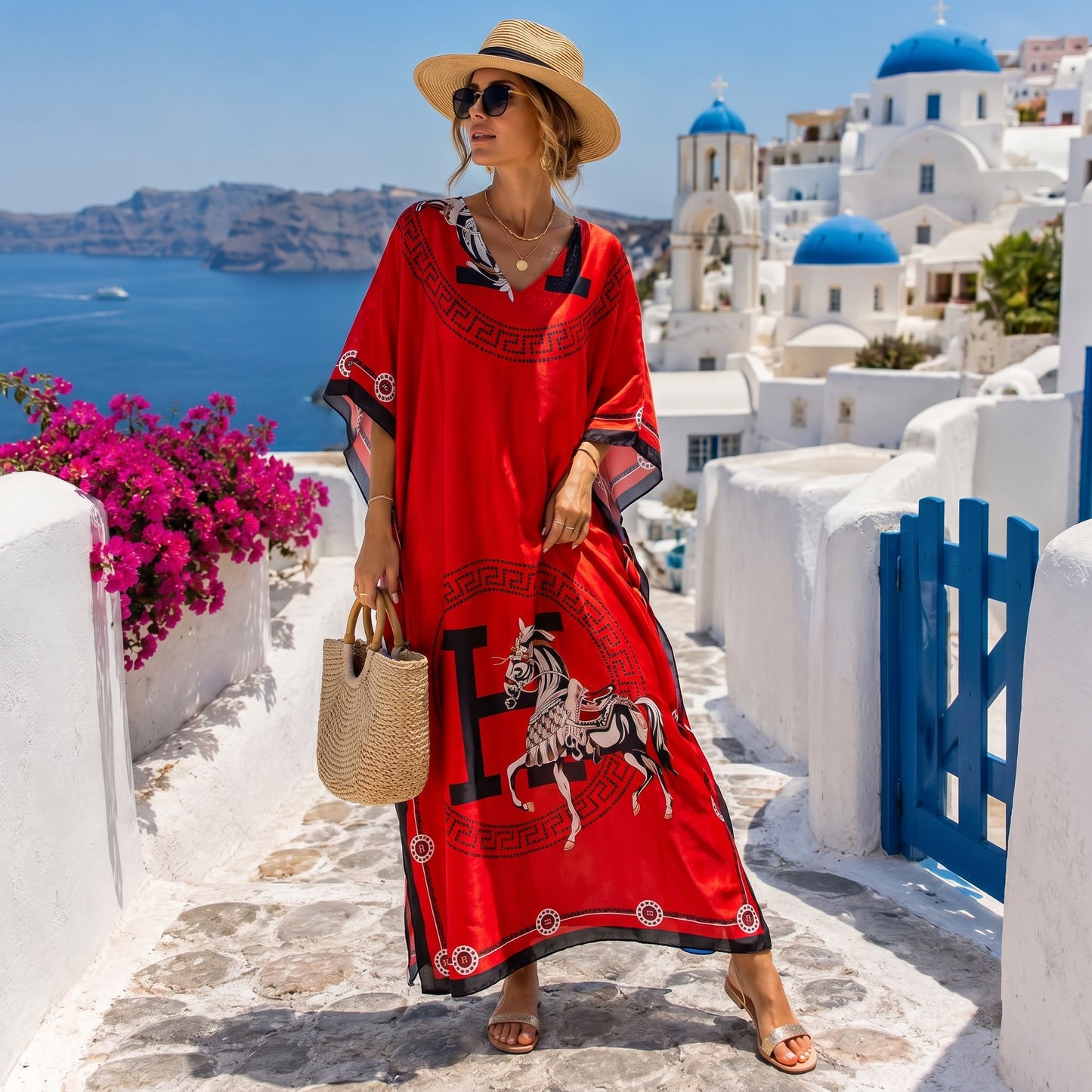 Red Kara Kaftan Dress & Scarf Set