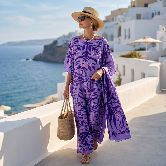 Purple Ombretta Kaftan Dress & Scarf Set
