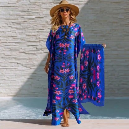 Blue Ombretta Kaftan Dress & Scarf Set