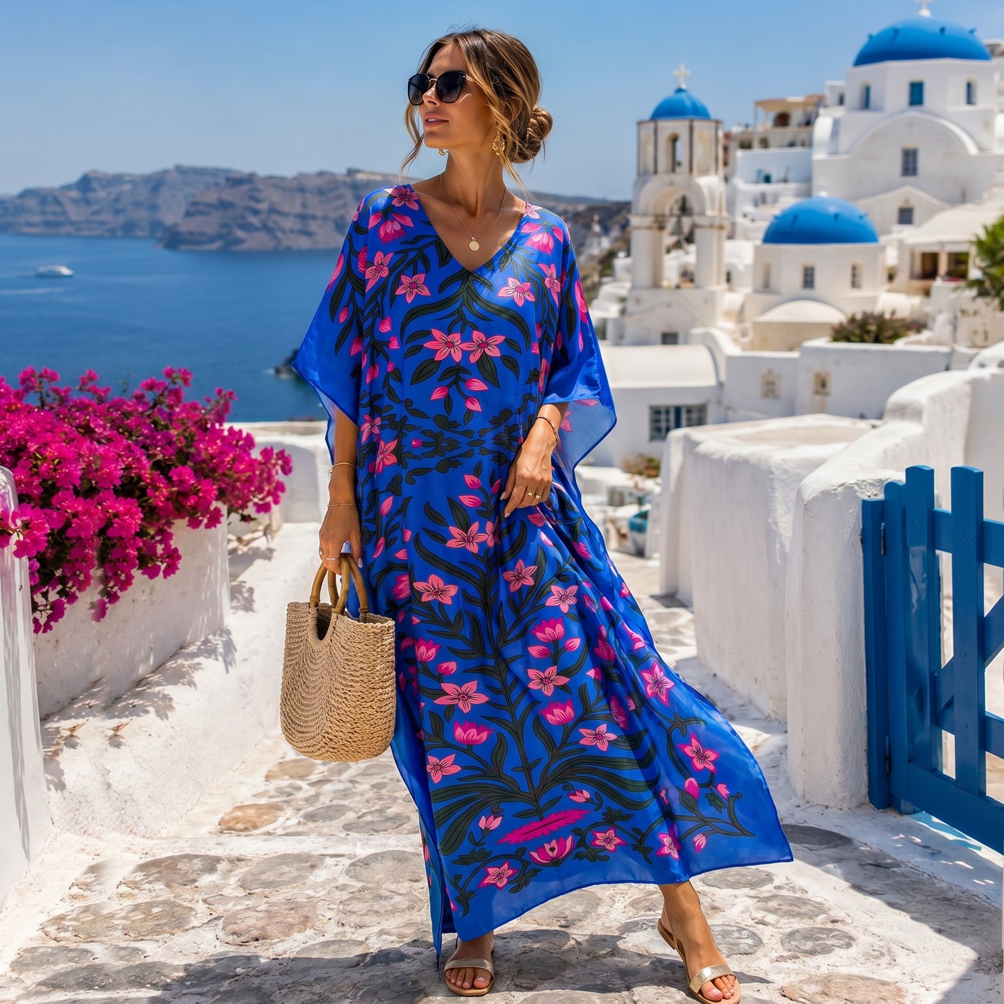 Blue Ombretta Kaftan Dress & Scarf Set