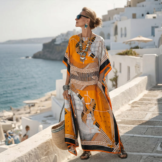 Orange Black Giada Kaftan Dress & Scarf Set