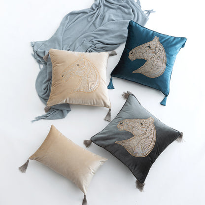 Beaded Horse Head Velvet Pillow Cover with Tassels / Gray