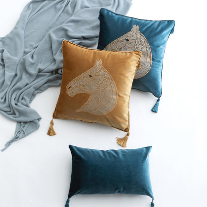 Beaded Horse Head Velvet Pillow Cover with Tassels / Golden