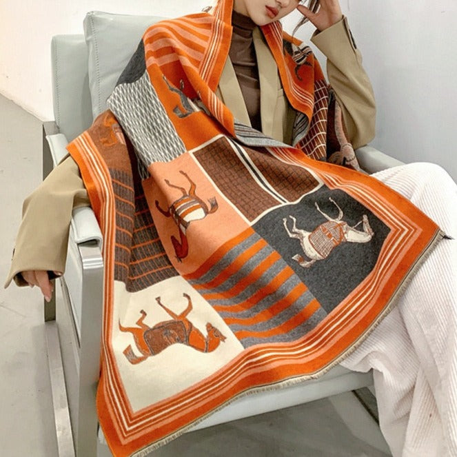 Luxury Orange Horse Pashmina Cashmere Horse Print Scarf -  Denmark