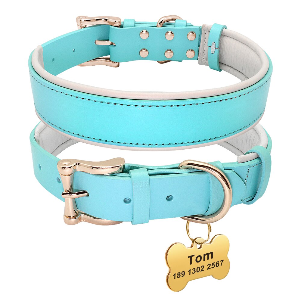 Napoli Blue Leather Collar & Custom Engraved Tag - Dogs and Horses