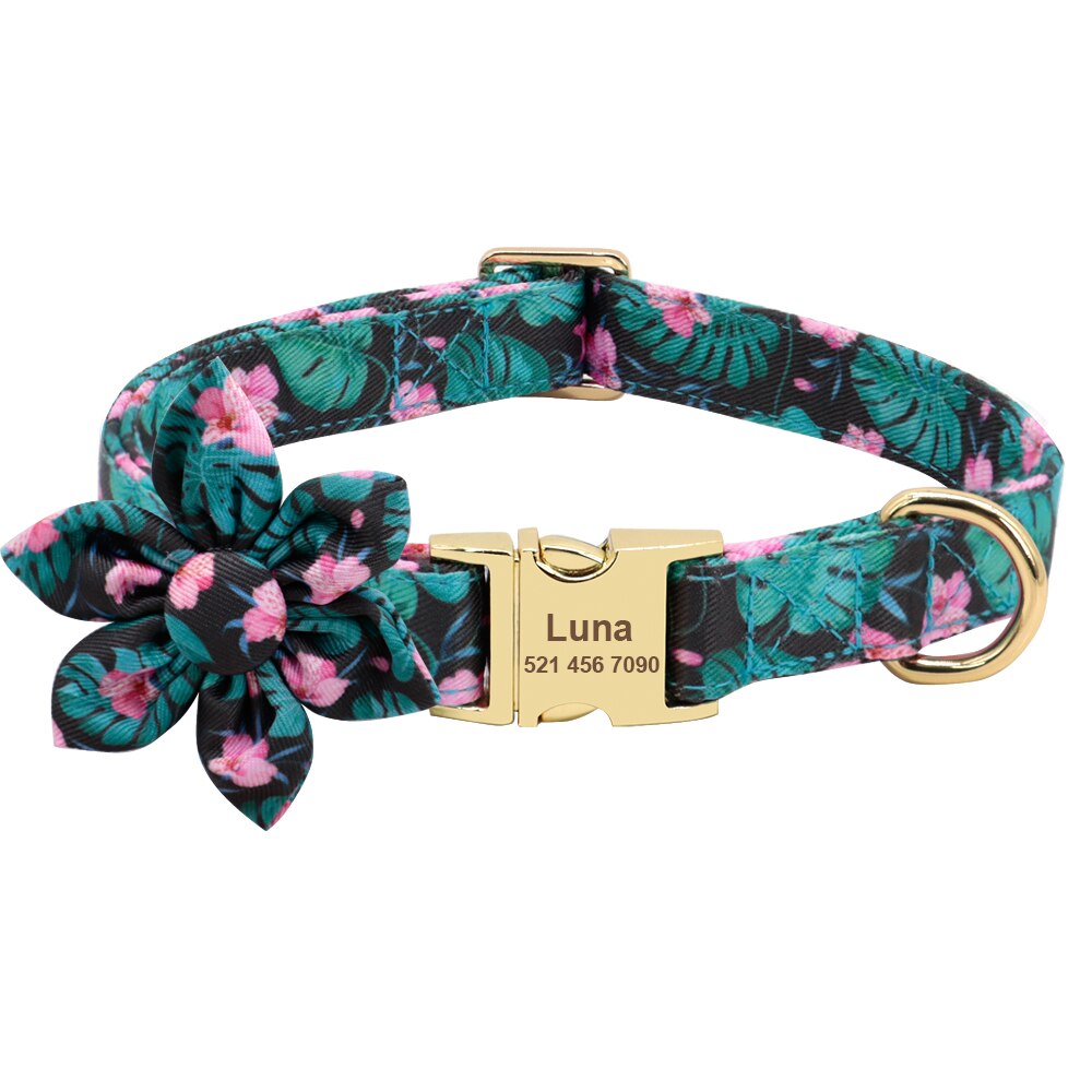 Floresta Green Collar with Custom Engraving - Dogs and Horses