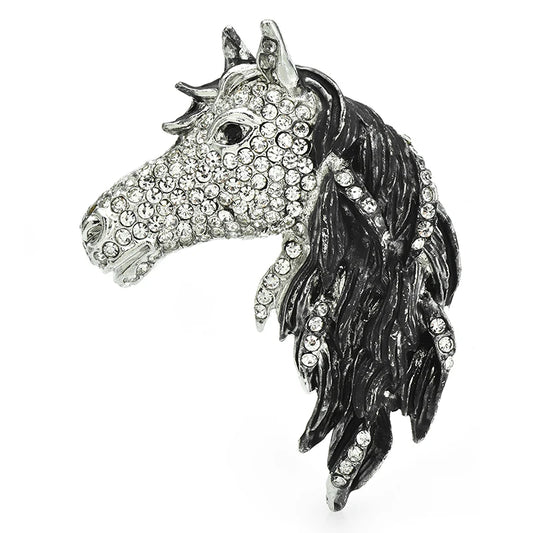 Crystal Horse Head Brooch (Black)