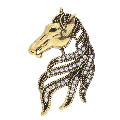 Vintage Crystal Horse Head Brooch (Vintage Gold)